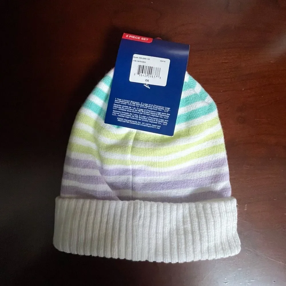 Champion Kids OS White Pastel Stripe Beanie Gloves 2pc Set NWT Sporty Cute
